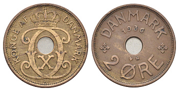 Дания 2 эре 1936 N, Кристиан X (1912-1947) KM 827 бронза 4701-826