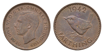 Великобритания 1 фартинг 1942 Георг VI (1936-1952) KM 843, Spink 4116 бронза 4664-341