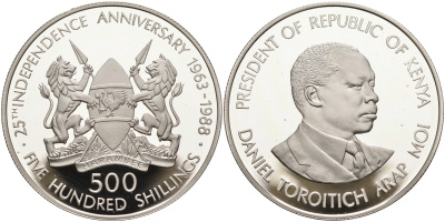 Кения 500 шиллингов 1988 25 лет независимости, Даниель арап Мои, тираж 375 экземпляров КМ 25 серебро PROOF 10-015-04