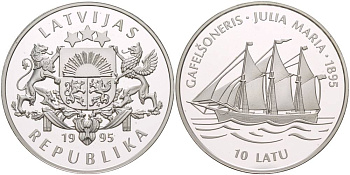 ЛАТВИЯ 10 ЛАТОВ 1995 ПАРУСНИК "JULIA MARIA", ПРОБА 925, ВЕС 31,47 ГР., ТИРАЖ 20000 ЭКЗ. KM 252 серебро PROOF 1081-7-13