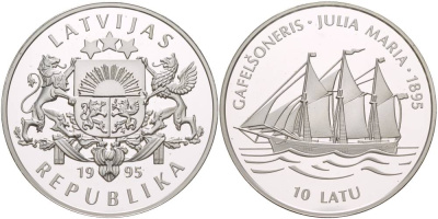 ЛАТВИЯ 10 ЛАТОВ 1995 ПАРУСНИК "JULIA MARIA", ПРОБА 925, ВЕС 31,47 ГР., ТИРАЖ 20000 ЭКЗ. KM 252 серебро PROOF 1081-7-13