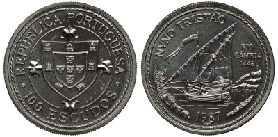 Португалия 100 эскудо 1987 Золотой век Португальских открытий, Нуно Тристао, тираж 323 экземпляра Fr-159a, KM 640c палладий UNC 10-020-35