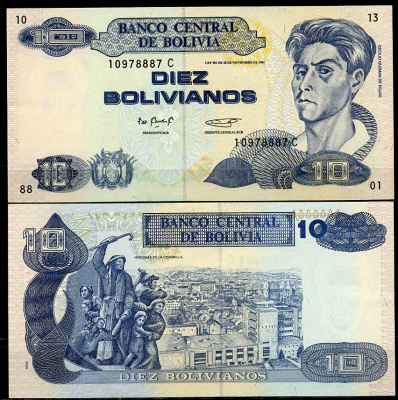 Боливия 10 боливиано 1986 (1995) серия C, Сесилио Гусман де Рохас, TDLR Pick 216 a  бумага  UNC (пресс) 451-778-1