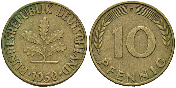 ФРГ 10 пфеннигов 1950 F KM 108, J.383 сталь плакированная латунью 4681-1125