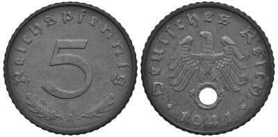 ГЕРМАНИЯ 5 РЕЙХСПФЕННИГОВ 1941 A KM 100, Jager 370 цинк 4547-669