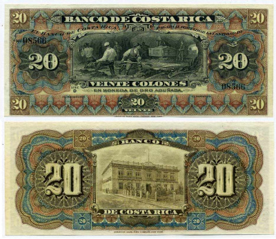 Коста-Рика 20 колонов 1914 ВОДОПАД Pick S175r бумага UNC (ПРЕСС) 00-000-00