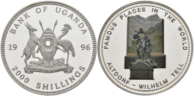 Уганда 2000 шиллингов 1996 Альтдорф, Вильгельм Телль, цветная эмаль серебро PROOF 1098-2-62