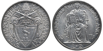 Ватикан 2 лиры 1942 папа Пий XII (1939-1958) KM 36 нержавеющая сталь UNC 00-00