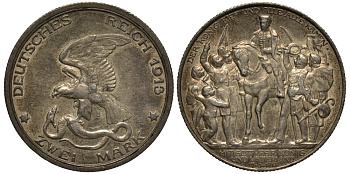 Пруссия 2 марки 1913 A, Вильгельм II (1888-1918), 100 лет победы над Наполеоном J.109, Weege 109, KM 532 серебро 3711-913