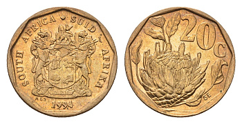 ЮАР 20 центов 1994 герб, цветок протея KM 136 сталь плакированная бронзой UNC 4694-835