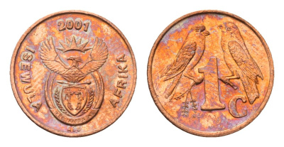 ЮАР 1 цент 2001 герб, капские воробьи KM 221 сталь плакированная медью UNC 4694-156