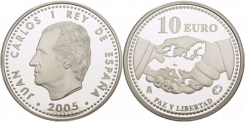 Испания 10 евро 2005 M, 60 лет миру и свободе в Европе KM 1065 серебро PROOF 01-239-25