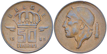 БЕЛЬГИЯ 50 САНТИМОВ 1965 BELGIE, БОДУЭН I (1951-1993) KM 149.1 бронза 214-168