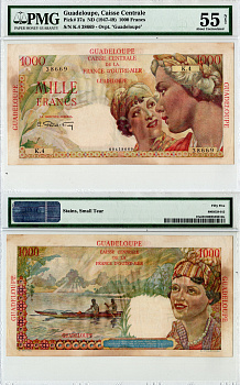 Гваделупа 1000 франков ND (1947-49) в слабе PMG 55 (about Uncirculated). Женщины в традиционных нарядах, мужчины в лодках Pick 37 a  бумага  aUNC 452-3-31