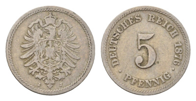 Германия 5 пфеннигов 1876 J KM 3, J. 3 медно-никель 4701-1021