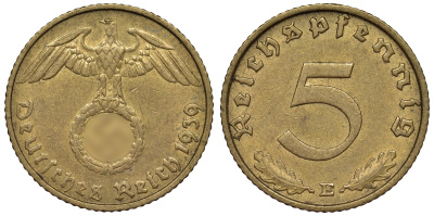 Германия 5 рейхспфеннигов 1939 E KM 91, J. 363 алюминиевая бронза 4121-717