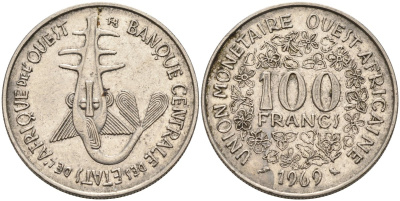 Валютный Союз стран Западной Африки 100 франков 1969 KM 4 никель 4575-1143