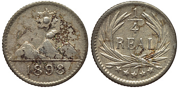 Гватемала 1/4 реала 1898 5 звезд, Испанское правление KM 162 серебро 4532-633