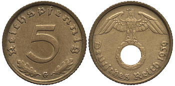 ГЕРМАНИЯ 5 РЕЙХСПФЕННИГОВ 1939 G KM 91, Jager 363 алюминиевая бронза 4547-661