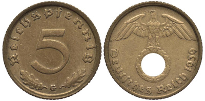 ГЕРМАНИЯ 5 РЕЙХСПФЕННИГОВ 1939 G KM 91, Jager 363 алюминиевая бронза 4547-661