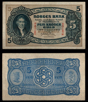 Норвегия 5 крон 1942 Вильгельм Фриман Корен Кристи (1-й председатель норвежского парламента) Pick 7 c бумага 451-1227-1