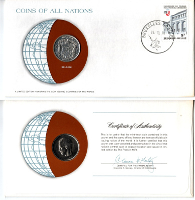 Бельгия 10 франков 1976 конверт с маркой первого дня гашения, Coins of Nations KM 155.1 никель UNC 4294-26-1