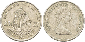 Восточно-Карибские штаты 25 центов 1987 Елизавета II (1952-2022), парусник KM 14 медно-никель 217-1021