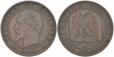 Франция 5 сантимов 1856 BB, Наполеон III (1852-1870) KM 777.3, LE FRANC 116.32 бронза 108-423