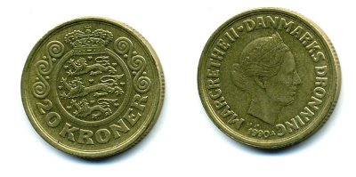 ДАНИЯ 20 КРОН 1990 LG; JP; A, МАРГРЕТЕ II (1972-) KM 871 алюминиевая бронза 25-841