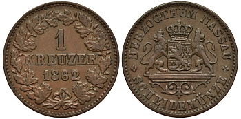 Нассау 1 крейцер 1862 Герцог Адольф (1839-1866) KM 54 медь 4513-125