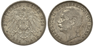 Баден 3 марки 1909 Фридрих II (1907-1918) J. 39, KM 280 серебро 413-1234