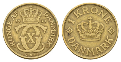 Дания 1 крона 1938 KM 824 алюминиевая бронза 84-854