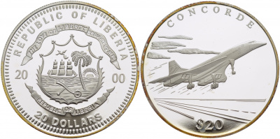 Либерия 20 долларов 2000 серия история авиации, КОНКОРД, CONCORDE АНГЛО-ФРАНЦУЗСКИЙ СВЕРХЗВУКОВОЙ САМОЛЕТ серебро PROOF 01-148-44