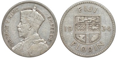 Фиджи 1 флорин 1934 Георг V (1910-1936), герб Фиджи KM 5 серебро    91-1126