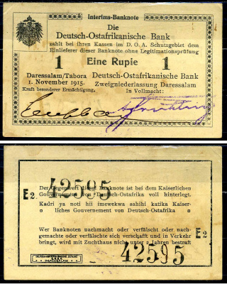 Германская Восточная Африка 1 рупия 1915 серия E2 Pick 26/9A бумага aUNC 8590-37-2-1