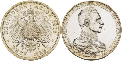 Пруссия 3 марки 1913 Вильгельм II (1888-1918) в мундире, тираж 6000 экземпляров KM 535, J. 112 серебро PROOF 00-809-46