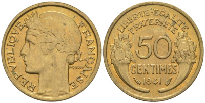 ФРАНЦИЯ 50 САНТИМОВ 1941 ТИП MORLON KM 894.1, LE FRANC 192.18 алюминиевая бронза 44-641