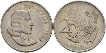 ЮАР 20 центов 1966 Ян ван Рибек (1619-1677), Suid Africa, легенда на африкаанс, цветок протея KM 69.2 никель 67-437