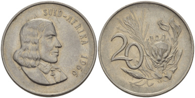 ЮАР 20 центов 1966 Ян ван Рибек (1619-1677), Suid Africa, легенда на африкаанс, цветок протея KM 69.2 никель 67-437