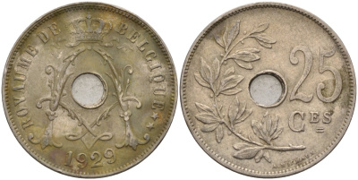 Бельгия 25 сантимов 1929 BELGIQUE KM 68 медно-никель 4117-1136
