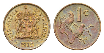 ЮАР 1 цент 1972 герб, капские воробьи KM 82 бронза aUNC 4690-1214