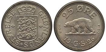 Гренландия 25 эре 1926 NCN; CJ, медведь, датская колония, Кристиан X (1912-1947) KM 5 медно-никель 186-1054