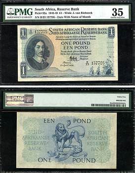 ЮАР 1 фунт 1949 Бартоломеус Вермуйден, 25 апреля 1949, английский-африкаанс, в слабе PMG 35 Choice Very Fine Pick 92 a бумага    452-1-05