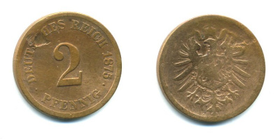 ГЕРМАНИЯ 2 ПФЕННИГА 1875 KM 2 медь 23-714