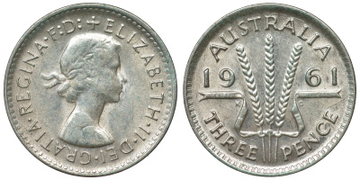 Австралия 3 пенса 1961 m, Елизавета II (1952-2022) KM 57 серебро 71-757