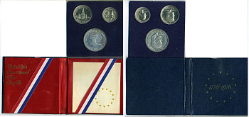 США набор из 3 монет (1/4, 1/2 и 1 доллар) 1976 200 лет независимости США, в оригинальной упаковке KM PS139 (204a, 205a и 206a) серебро PROOF 8-2-02-15