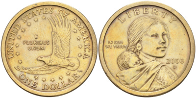 США 1 доллар 2000 Р, индианка Сакагавея KM 310 медь с марганцево-латунным покрытием 63-1117
