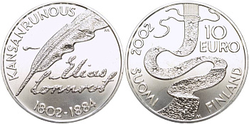 Финляндия 10 евро 2002 Элиас Леннрот, лингвист KM 108 серебро UNC 1084-9-22