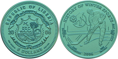 Либерия 5 долларов 2006 История зимних видов спорта, ниобий, зеленая, хоккей с шайбой, вес 15,55 гр., тираж 2006 экз.  ниобий  UNC  06-225-24