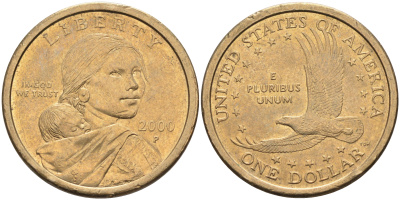 США 1 доллар 2000 Р, индианка Сакагавея KM 310 медь с марганцево-латунным покрытием 4589-254